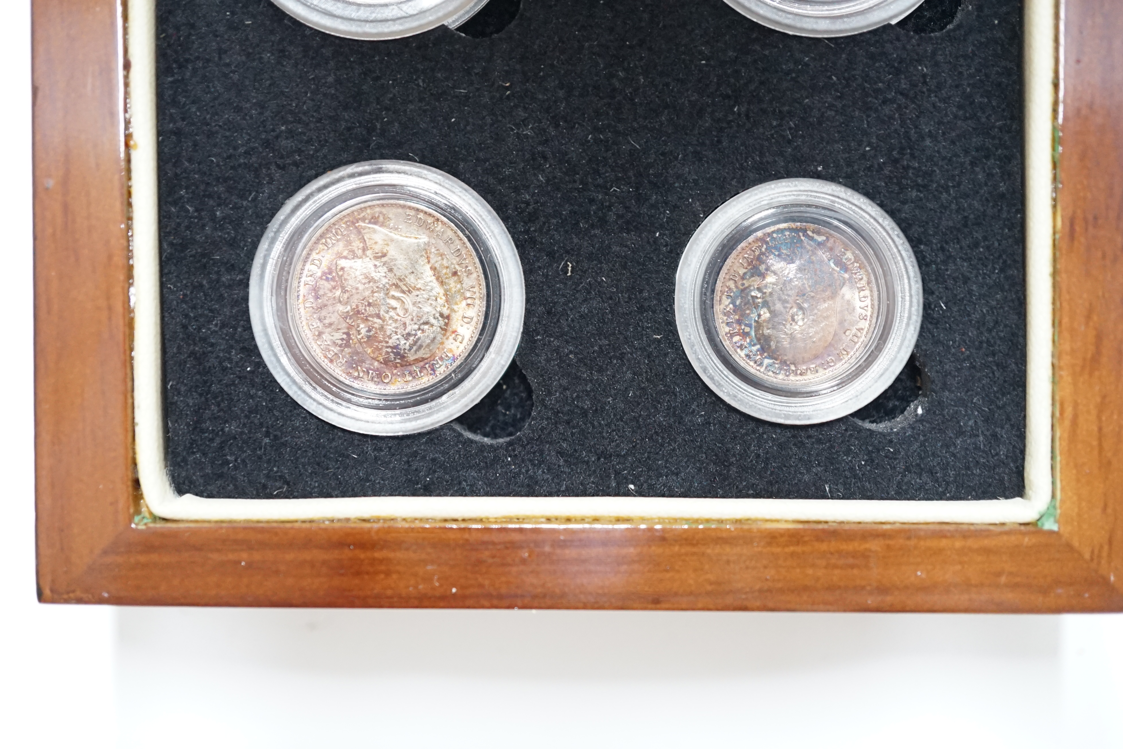 British silver coins, Edward VII four coin set of Maundy coins, 1904, toned UNC, in London mint case